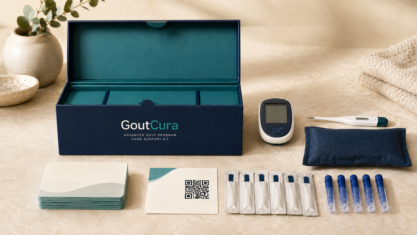 Illustrative home gout support kit with meter, cold pack, thermometer, passport cards, and educational materials