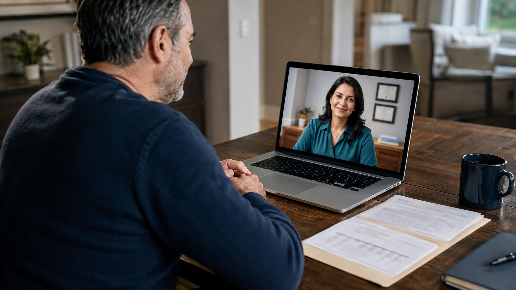 Illustrative remote gout follow-up between a patient at home and a clinician on a laptop